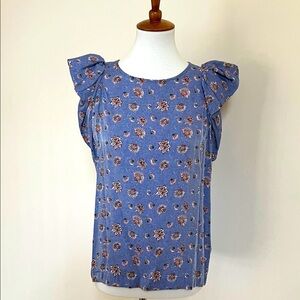 Blue Floral Blouse with Ruffle Sleeves